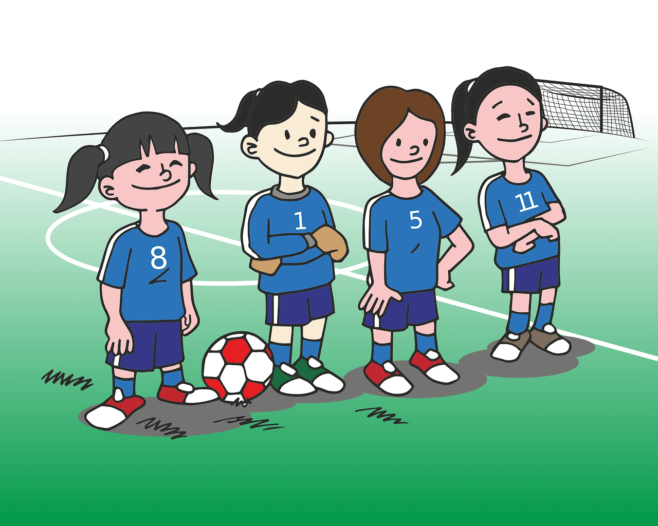 A cartoon of four girls in soccer gear on a soccer field.