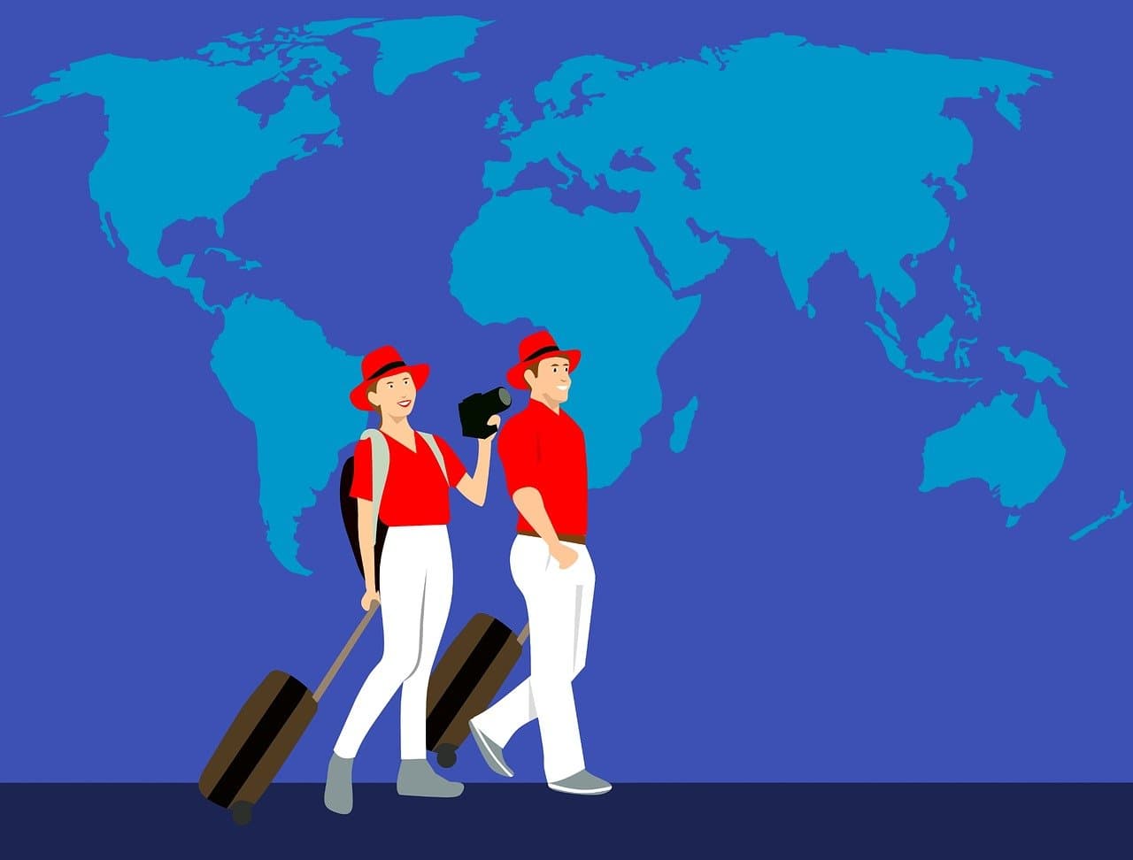 A cartoon of two tourists in matching outfits standing in front of a world map.