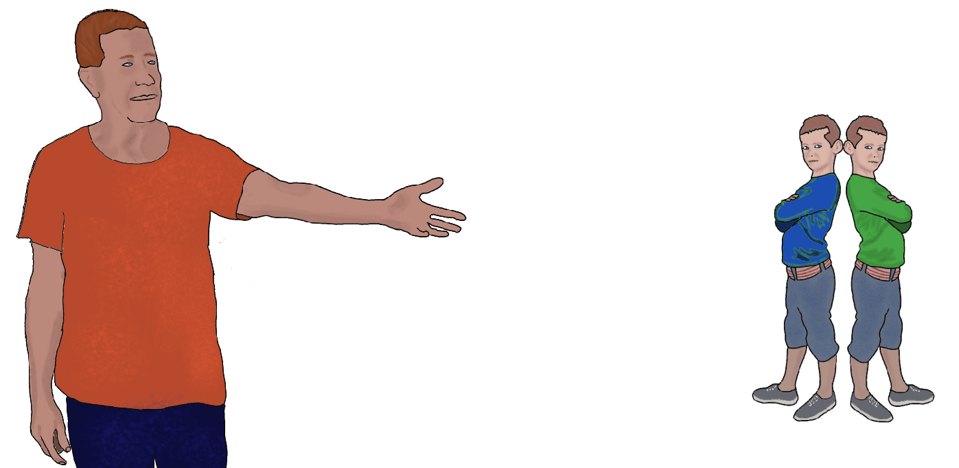 A drawing of a man in a red shirt gesturing to two small, identical boys in the distance. The boys are standing back-to-back, one in blue the other in green.