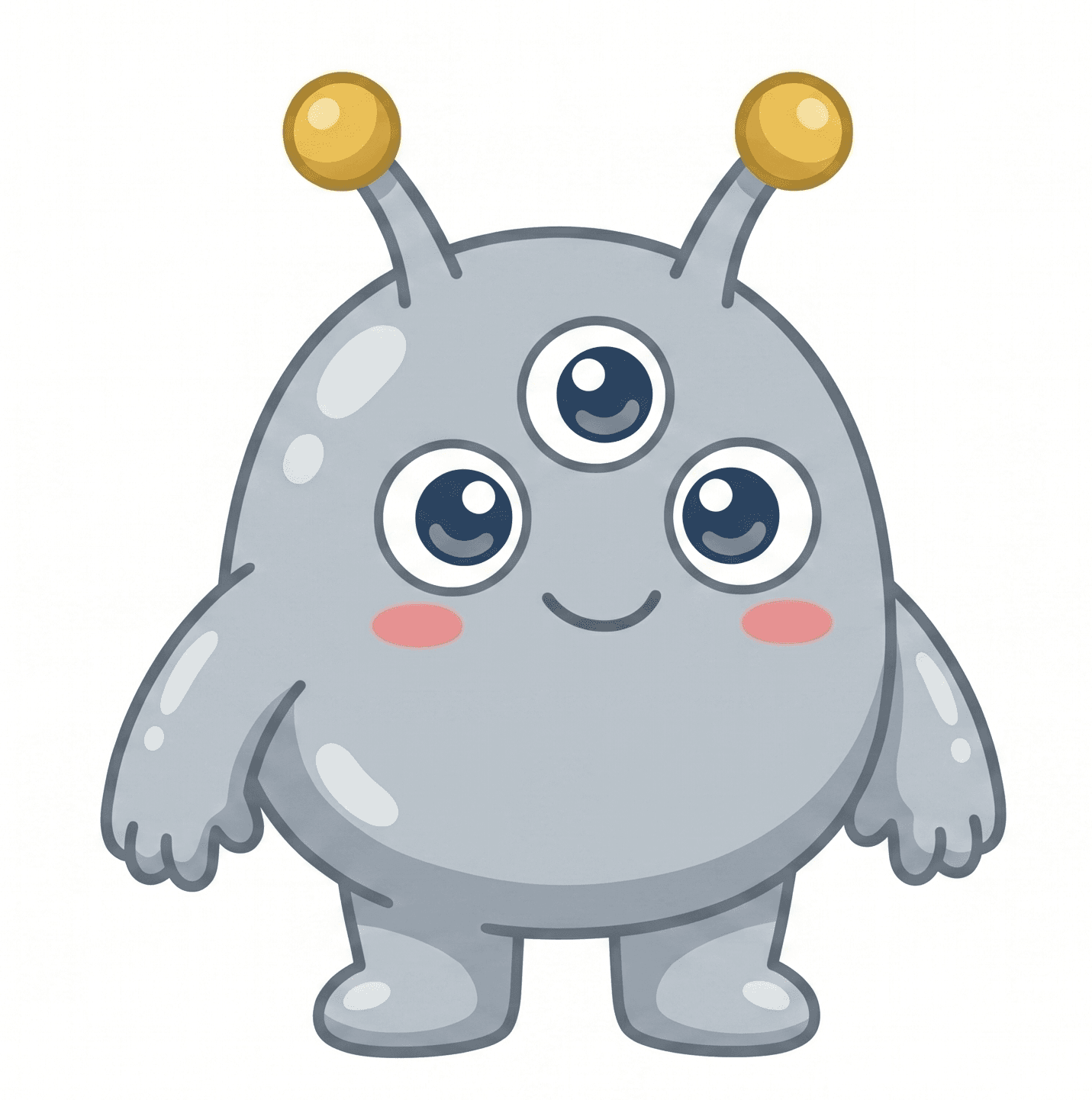 A cute gray alien with two legs, two arms, three eyes, and stalks on its head.