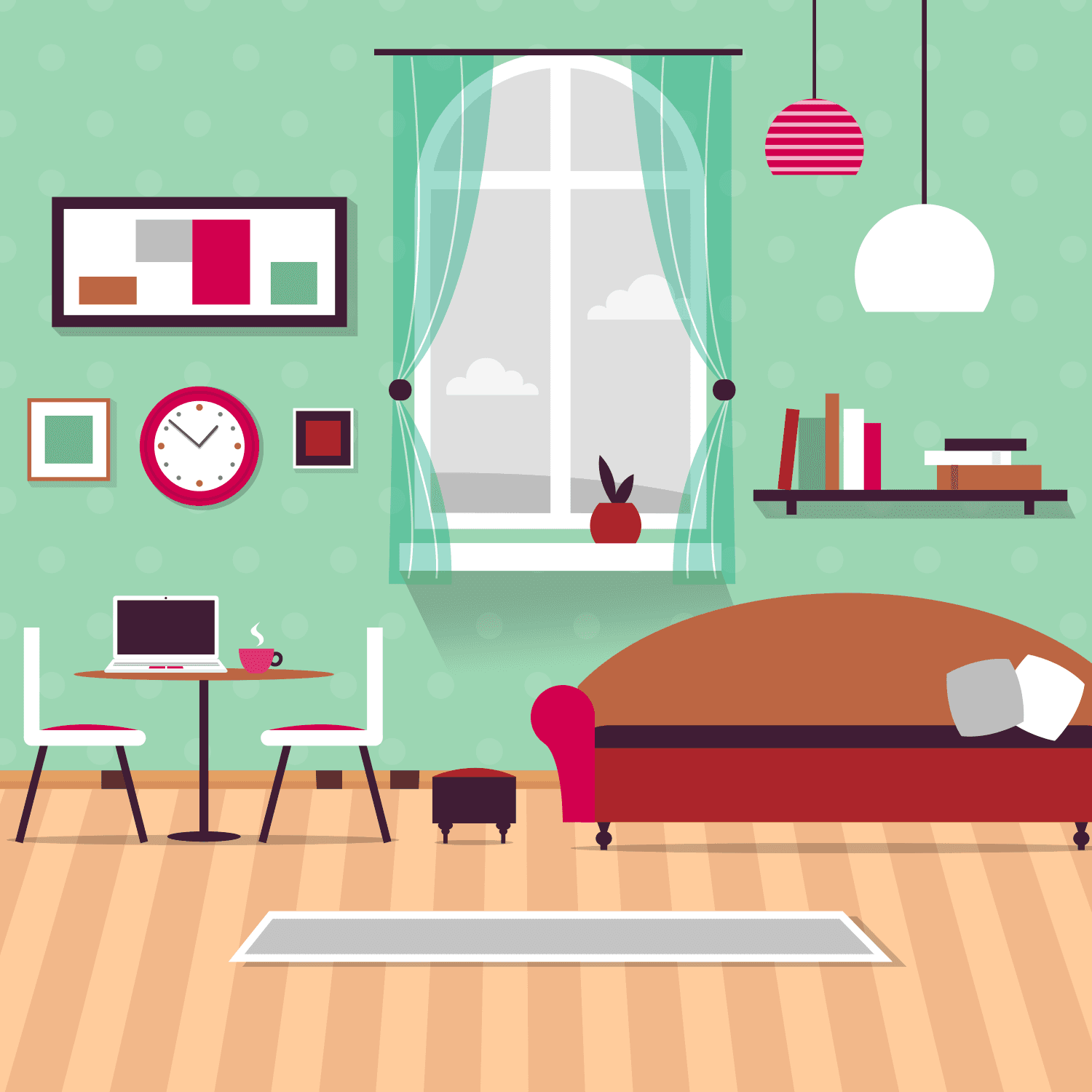 A graphic of a living room. The room contains a sofa with two cushions and a table with two chairs. A large window is in the center of the wall and two lamps hang from the ceiling. On the table rests a laptop and a cup of coffee. On the floor is a rug. Three paintings are hung on the wall along with a clock and a bookshelf full of books. A footstool stands beside the couch. The window has green curtains and through the window we can see a couple of clouds in an otherwise clear sky.