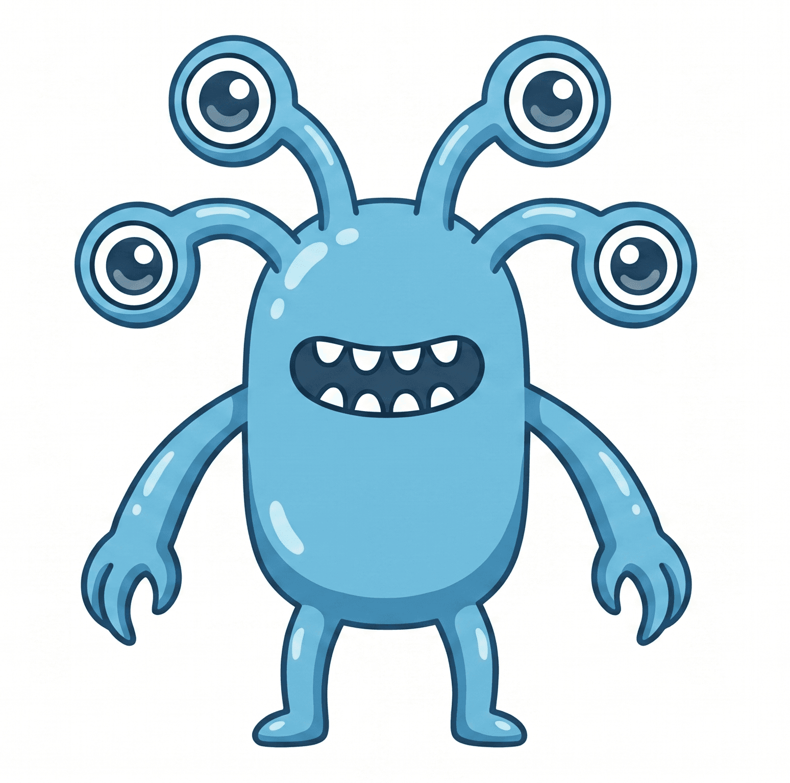 A cute, blue alien with four eyes on stalks, two arms, and two legs.