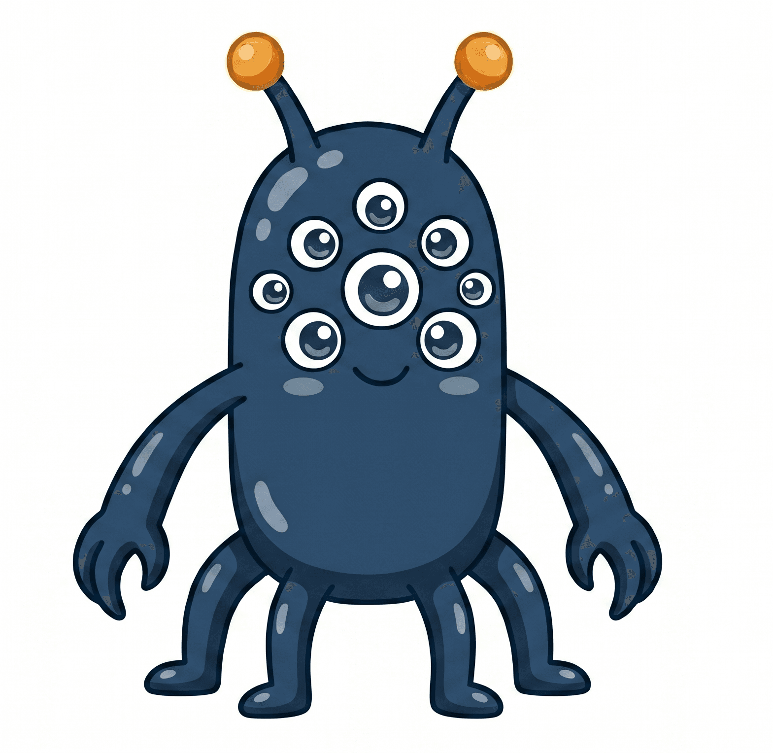 A cute, dark blue alien with eight eyes, claws for arms, four legs, and stalks on its head.