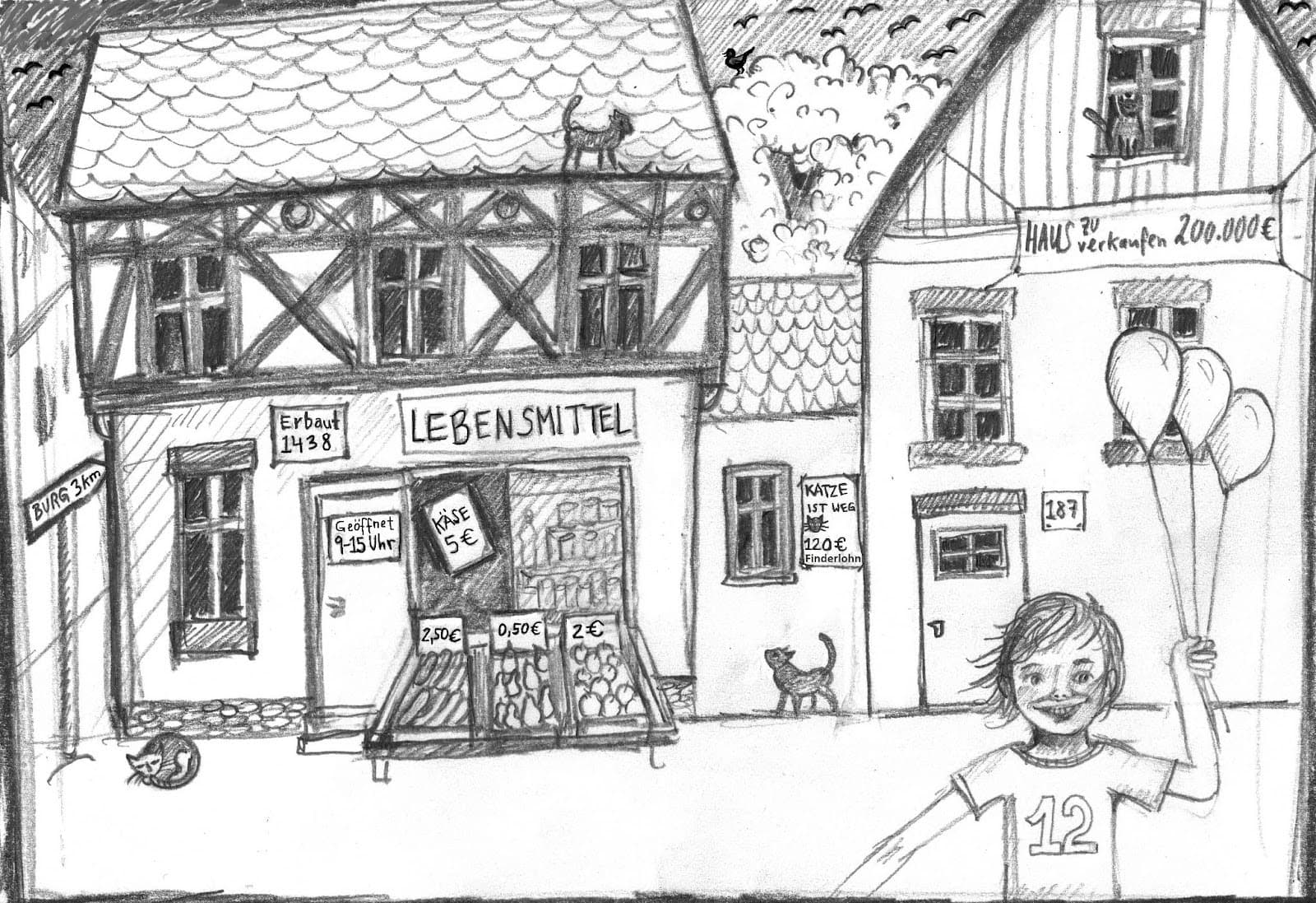 A drawing of a city street with lots going on. A girl holding 3 balloons has a shirt reading "12." An arrow sign reads "BURG 3km." A store labeled "Lebensmittel" has several signs: "Käse 5€", cucumbers labeled "2,50€" pears labeled "0,50€" apples labeled "2€." A sign on the door reads "Geöffnet 9-15 Uhr." and a sign on the wall reads "Erbaut 1438." The house next door has a house number "187" and a big sign reading "Haus zu verkaufen 200.000€." Finally, a sign on the wall of a small building reads "Katze ist weg 120€ Finderlohn." In the street we can see 4 cats, and in the sky we can see 13 birds.