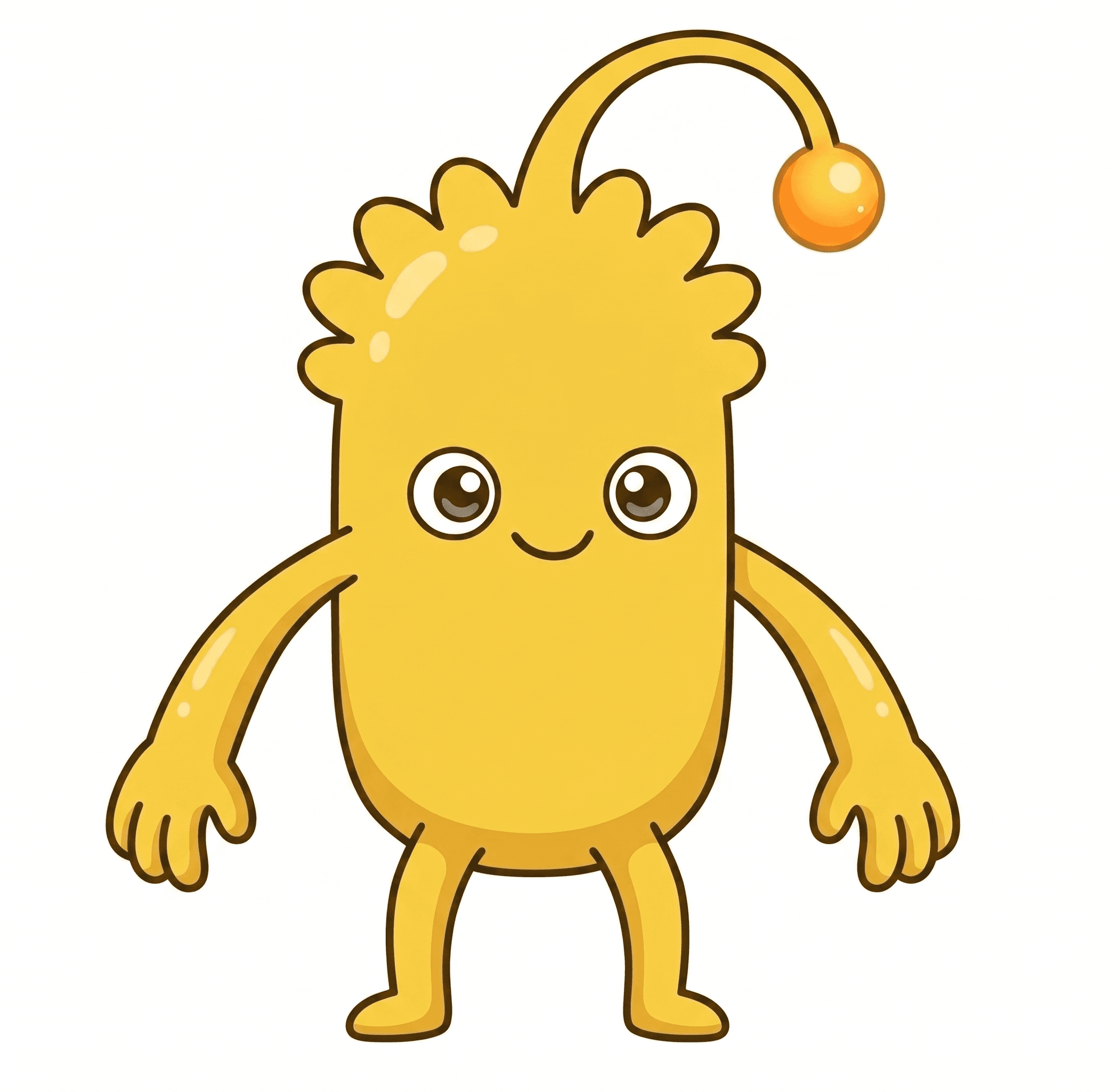 A yellow alien with two eyes, two legs, two arms, a bumpy head, and a stalk from the middle of its head.