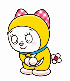A gif of a cartoon cat (Dorami) bowing in thanks
