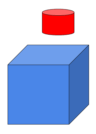 A drawing of a blue cube with a smaller red cylinder hovering over it.