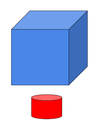 A drawing of a blue cube hovering over a smaller red cylinder.