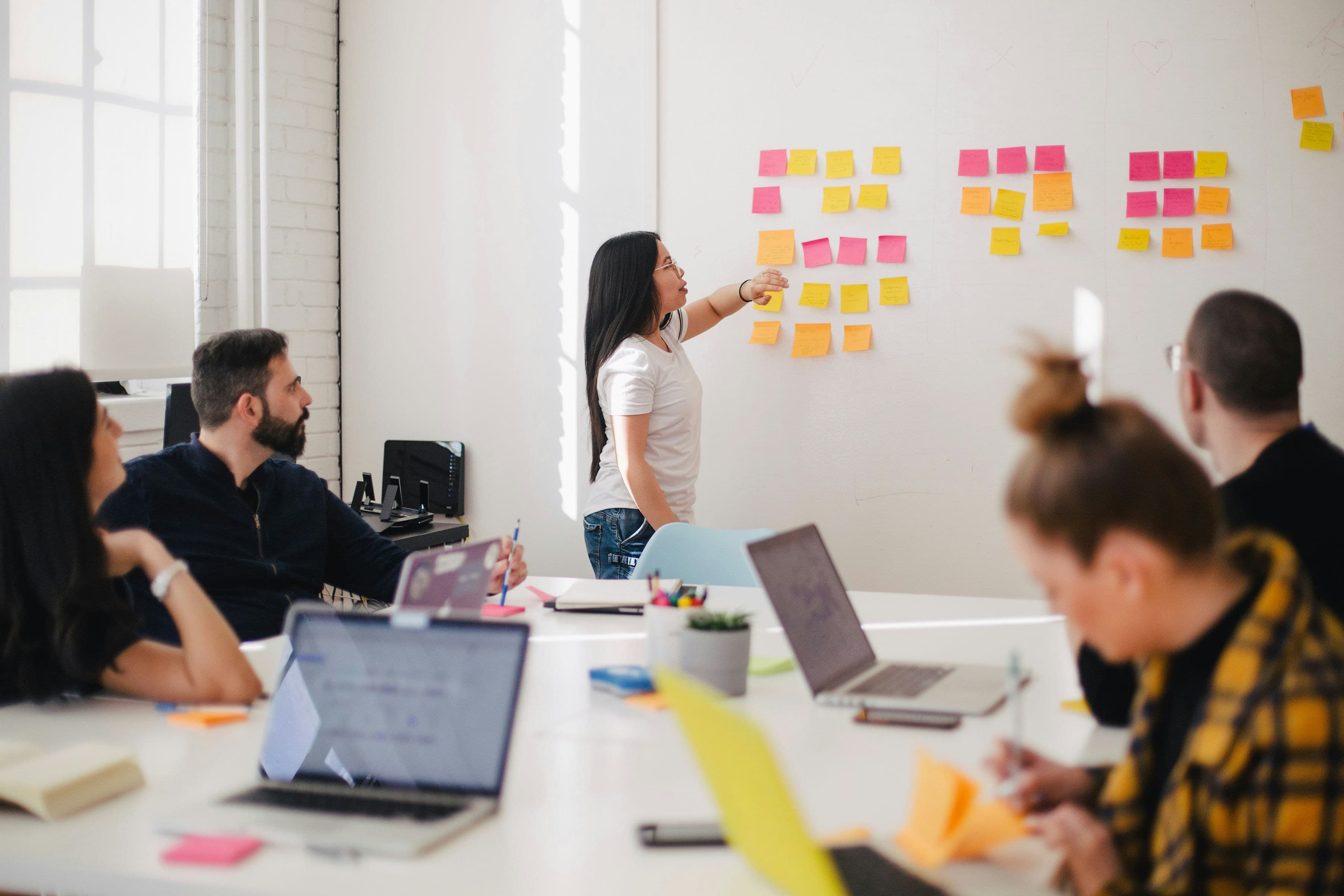 A photo of a group of five people gathered around a white conference table having a brainstorming session. At the front of the room a woman is standing before a wall where multi-colored sticky notes are arranged into logical groups. The other four are seated at the table where some laptops, notepads, and writing implements are arranged.