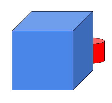 A drawing of a blue cube. We can just see a red cylinder poking out from the back side of the cube.