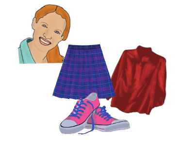 A drawing of a smiling woman with long red hair, alongside several items of clothing. A blue and purple plaid skirt, a pair of pink converse sneakers with blue laces, and a shiny red blouse with long sleeves.