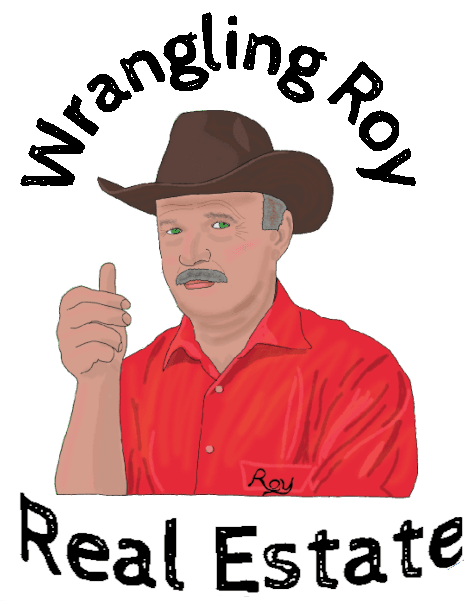 A logo for "Wrangling Roy Real Estate." A drawing of a man in a cowboy hat and red collared shirt, with short gray hair and a mustache, gives a "thumbs-up."