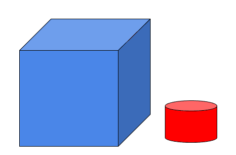 A drawing of a blue cube sitting near a red cylinder on the same surface.