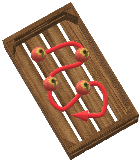 A graphic looks down into a crate from above. An apple inside the crate is overlaid on an arrow suggesting the apple is moving around inside the crate in many different directions.