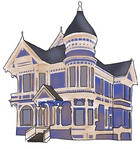 A drawing of a blue Victorian mansion