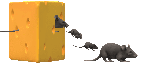 A graphic of a mouse and a block of cheese. It starts out inside the block of cheese and hops out of it, onto the table.