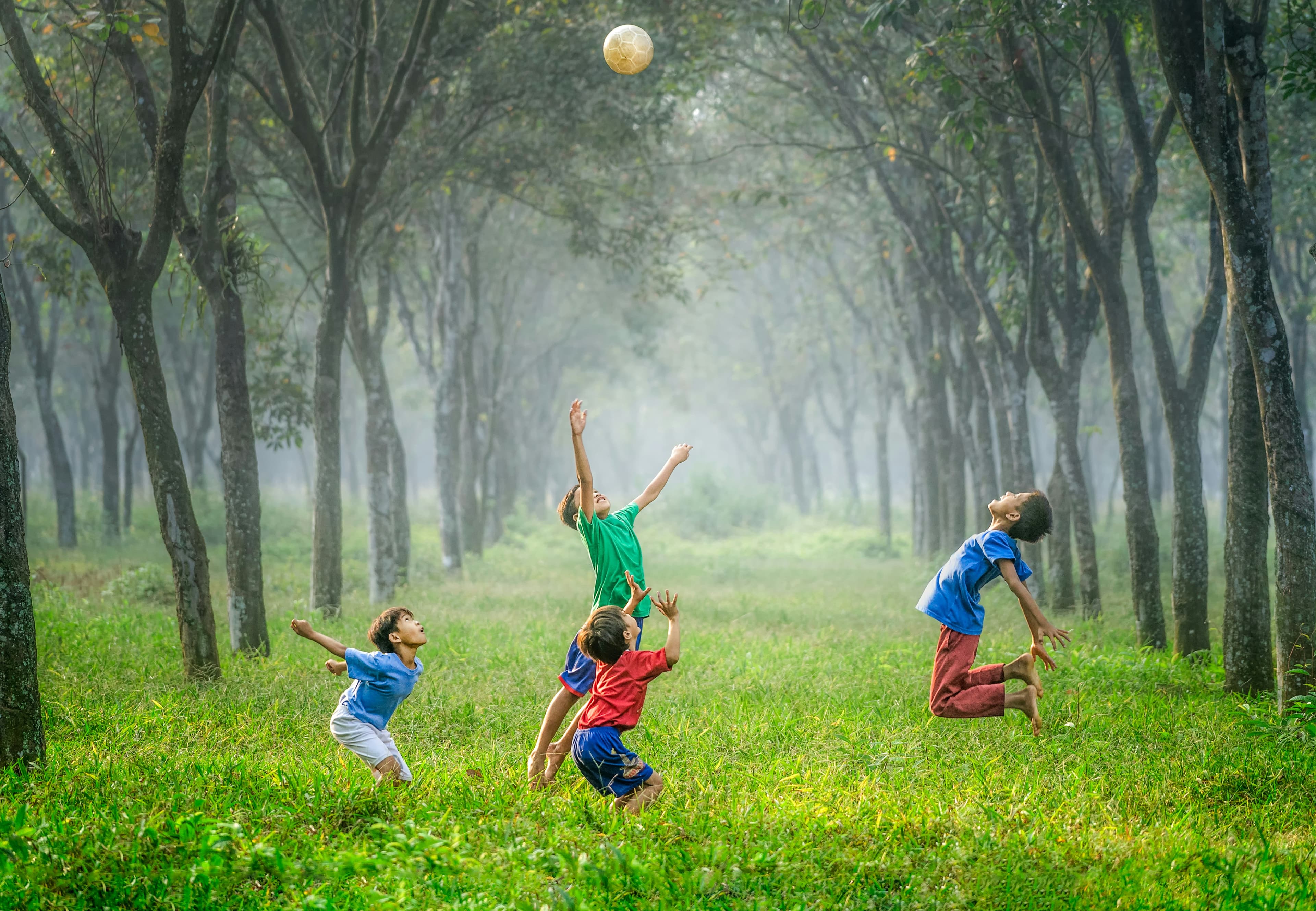 A photo of four boys jumping and playing with a ball in a green orchard.