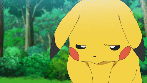 Pikachu looking down, depressed, and sad