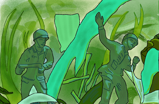 A drawing of two very small green plastic army men (the toy) in the grass.