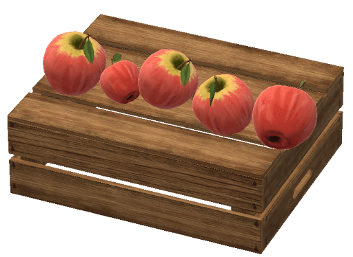 A graphic illustrating a line of apples on top of an upside-down crate. The line is laid out parallel to the boards of the crate, from long side, long-ways.