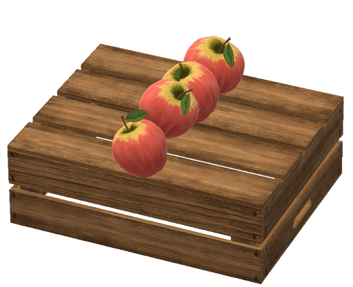 A graphic illustrating a line of apples sitting on top of an upside-down crate. The line is perpendicular to the boards of the crate, cutting across the apple crate the short way.
