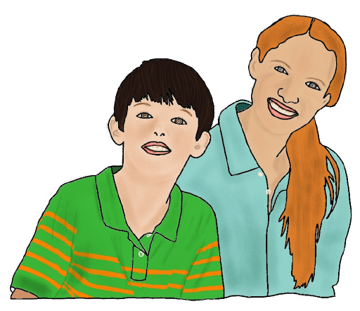 A drawing of a red-haired white woman in a teal shirt and a black-haired white boy in a green and orange polo.