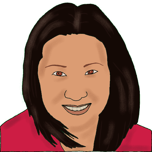 A smiling woman with warm brown skin, dark, shoulder-length hair, brown eyes, and a pink shirt.