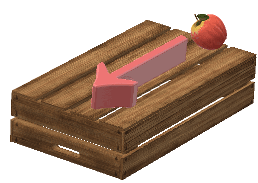 A graphic illustrates an apple resting on the far end of an upside-down apple crate. An arrow suggests that the apple is moving along the surface in one direction, parallel to the boards of the crate.