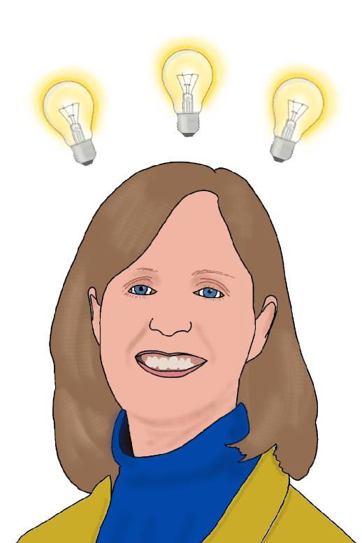 A drawing of a smiling white woman with brown hair and a blue turtleneck. Above her head are three glowing lightbulbs.