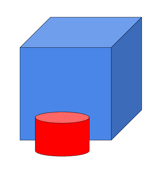 A drawing of a blue cube. A small red cylinder rests close to the cube, between us and the cube.