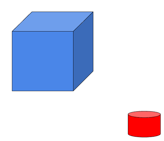 A drawing of a blue cube. Off to the side, a little ways off, stands a red cylinder.