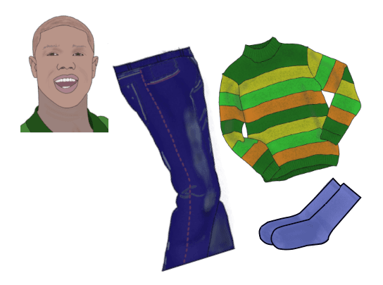 A drawing of a smiling man (Mark), and some items of clothing. A pair of blue jeans, a pair of blue crew socks, and a turtleneck with horizontal stripes in orange and three different shades of green.