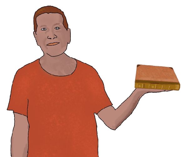 A drawing of a white man in an orange t-shirt holding a thin, leather-bound book.