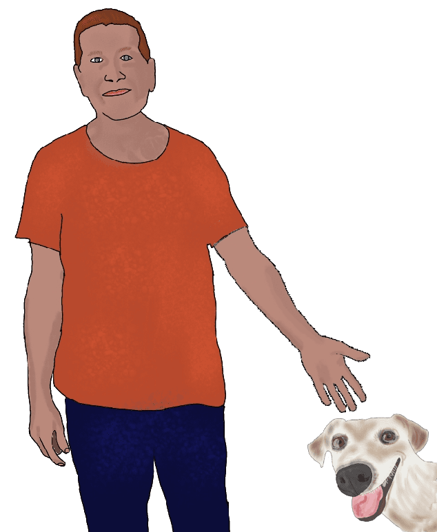 A drawing of a man in a red shirt gesturing to a smiling dog that is close to him.