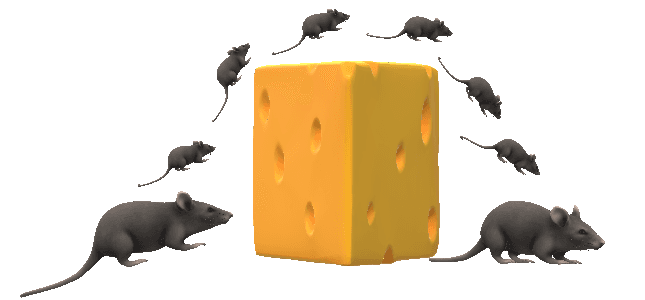 A graphic of a mouse and a block of cheese. The mouse starts on the left, jumps over the block of cheese, and ends up on the other side of it.
