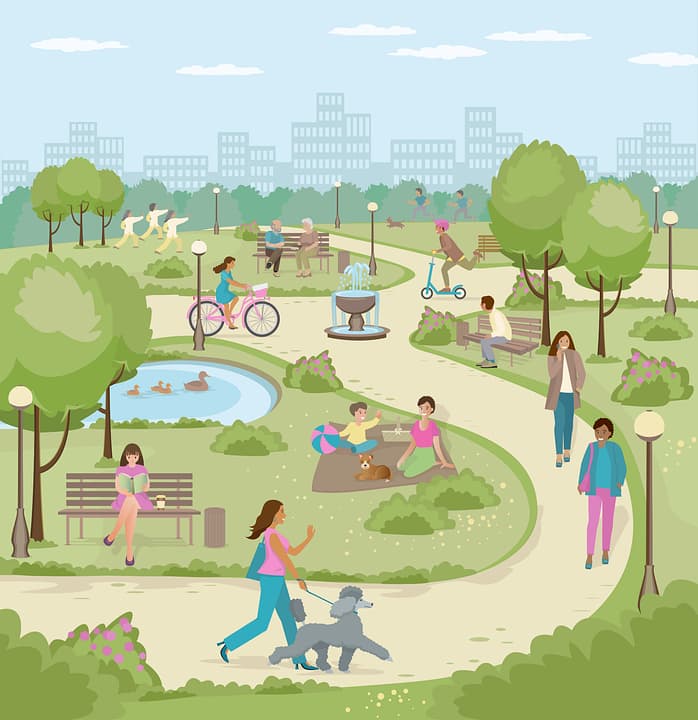 A cartoon of a city park. We can see a woman reading on a bench, a woman walking a poodle, a duck on a pond, a woman, child, and dog having a picnic, a woman on a bike, a man on a scooter, an older couple chatting on a bench, a group of people doing tai chi, and several people walking on the paths.