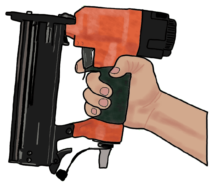 A drawing of a hand holding up an orange and black nail gun.