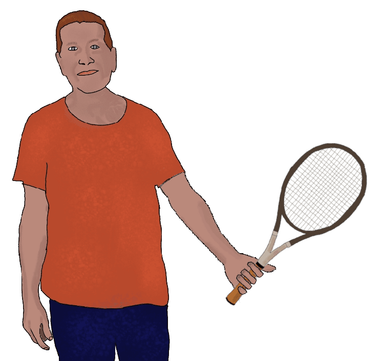 A drawing of a man in a red shirt holding a tennis racket.