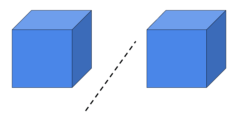 A drawing of two identical blue cubes on the same surface with a dotted line between them