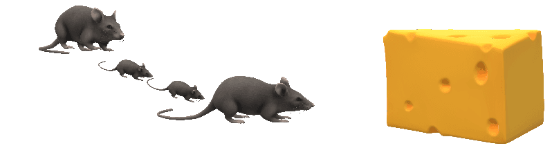 A graphic of a mouse and a block of cheese. The mouse starts far away from the cheese and moves quite a bit closer to the cheese.
