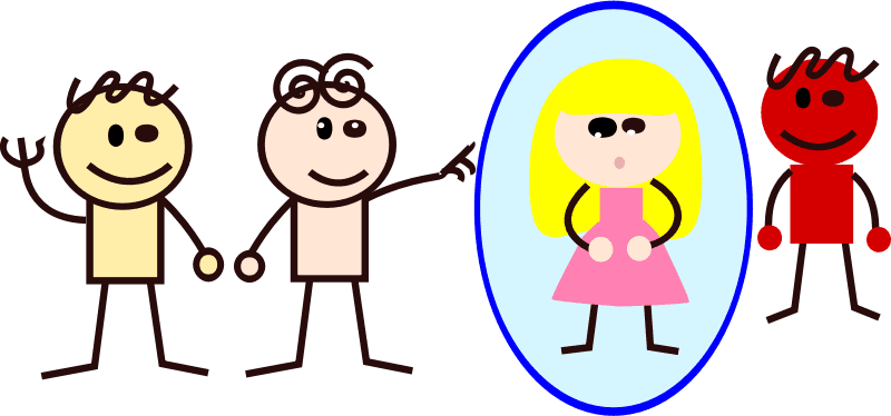 A graphic of four people. on the left two people stand close together, speaking. One of those point towards the two standing on the right, where a feminine figure is circled. Beside her, a masculine figure is not circled.