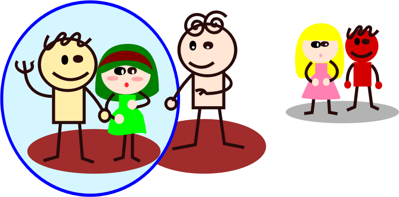 A rough graphic with five cartoonish people. On the left, two people stand close together in a conversation with a third person and on the right two more people stand a little further away. In this drawing, the two of the people in the conversation are circled.