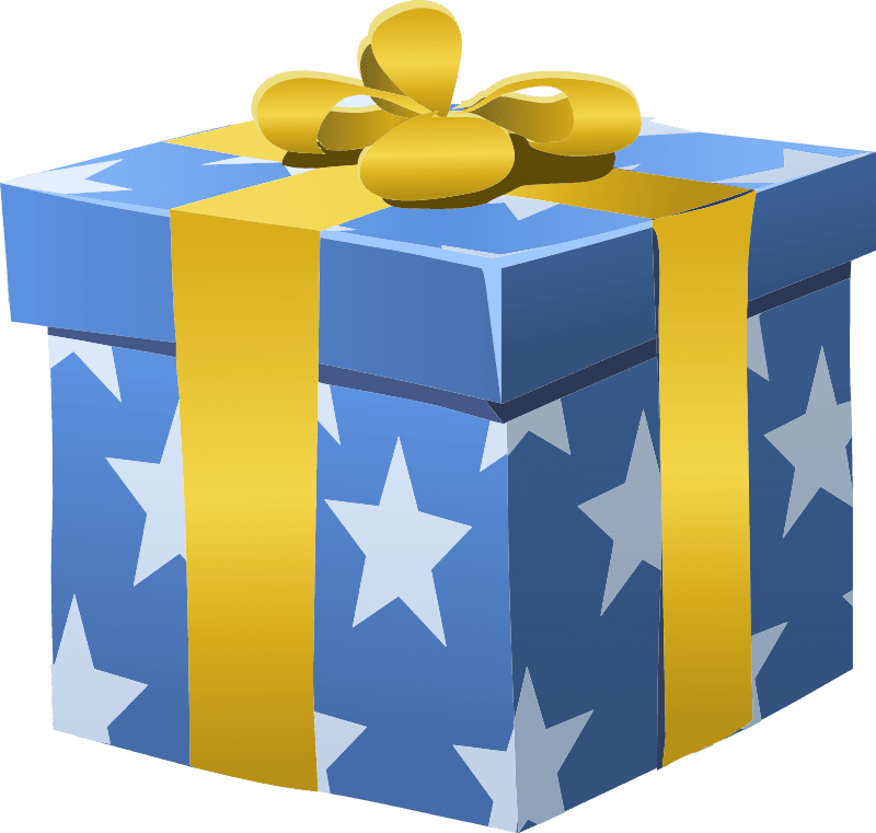 A clipart graphic of a present wrapped in blue paper with stars and a yellow bow.