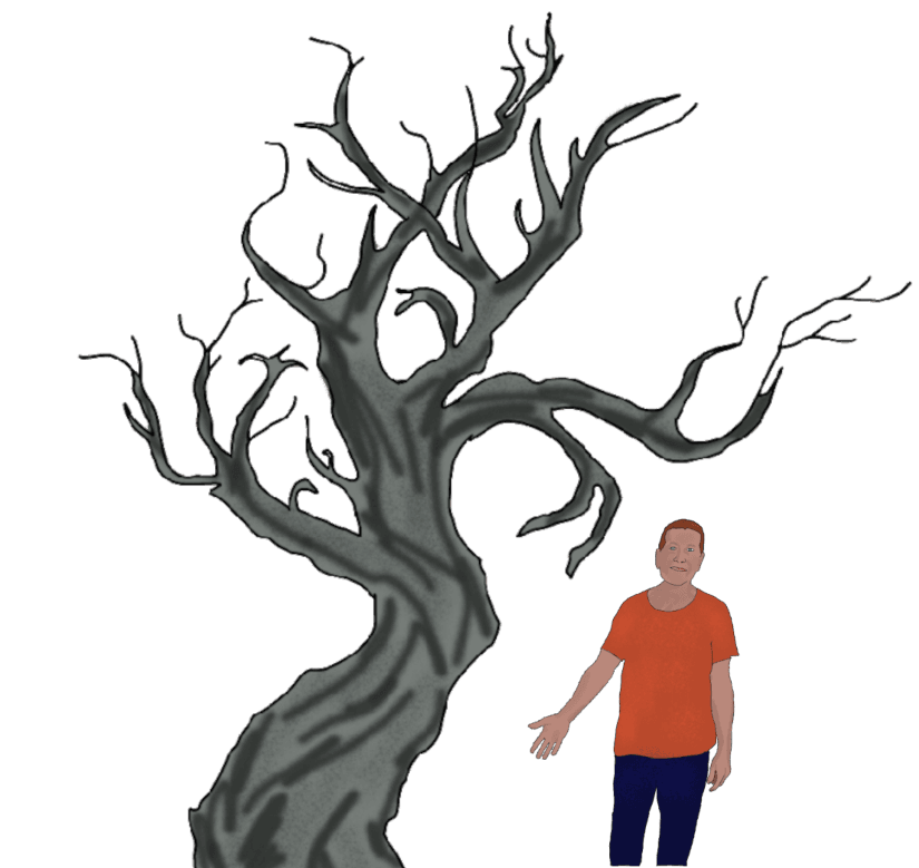 A drawing of a man in a red shirt gesturing to a gnarly dead tree that is right next to him.