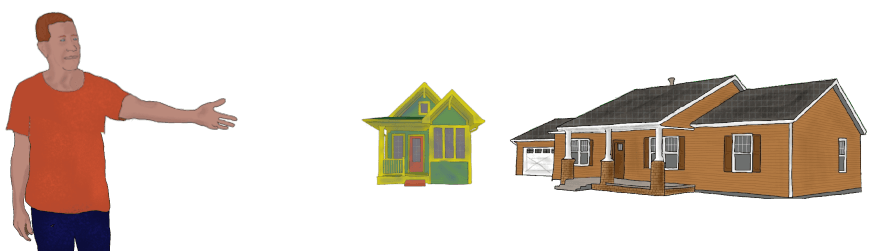 A drawing of a white man in an orange t-shirt and jeans gesturing to a two houses farther away. One is a green and yellow cottage and the other is a brick range house with an attached garage.