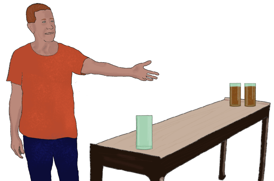 A drawing of a man in a red shirt gesturing to two glasses of coke at the far end of a long dining table.