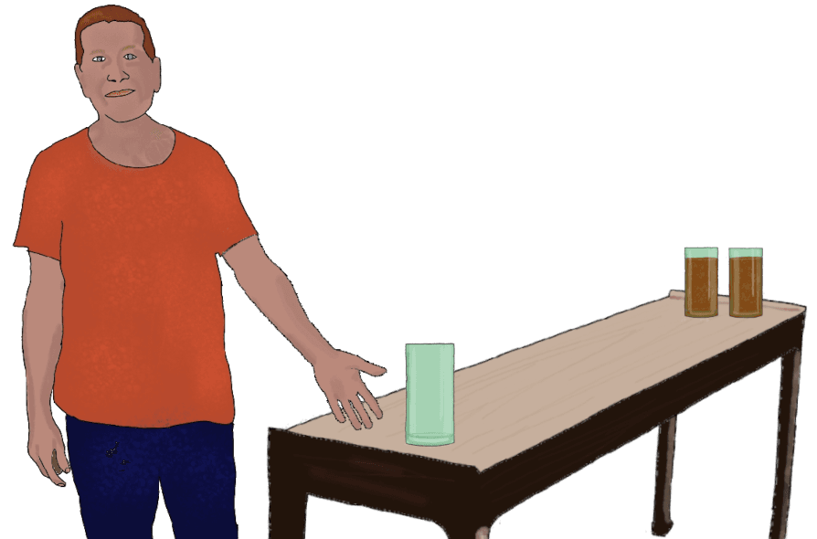 A drawing of a man in a red shirt gesturing to an empty glass on a table right next to him.