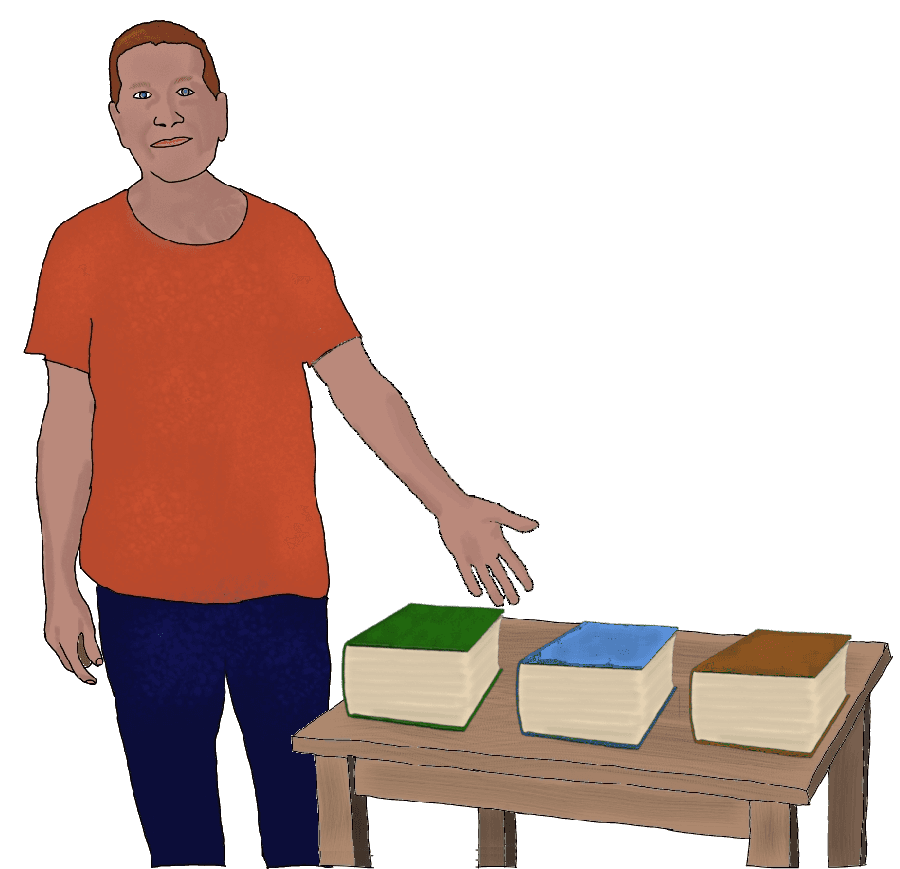 A drawing of a white man in an orange shirt and jeans gesturing to three very thick books sitting on a table right in front of him.