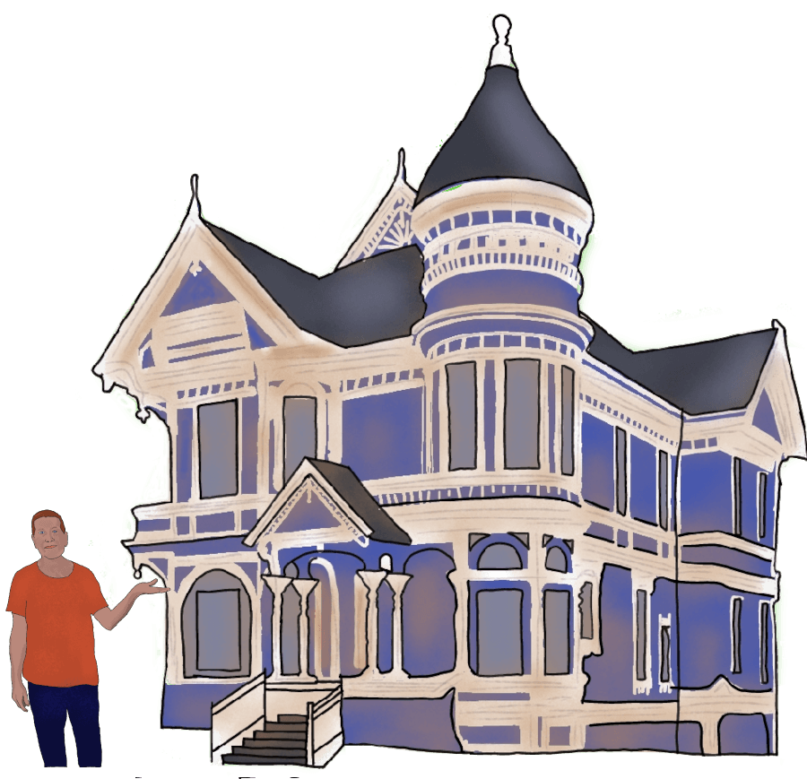 A drawing of a white man in an orange t-shirt and jeans gesturing to a blue and white Victorian mansion. He is right in front of the house.