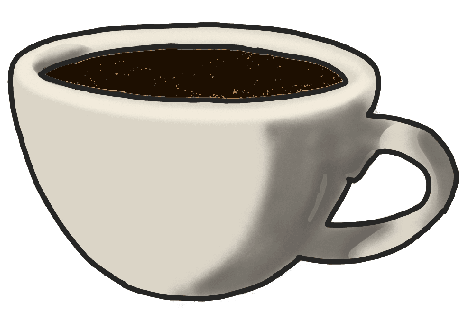 A drawing of a white coffee cup filled with black coffee.